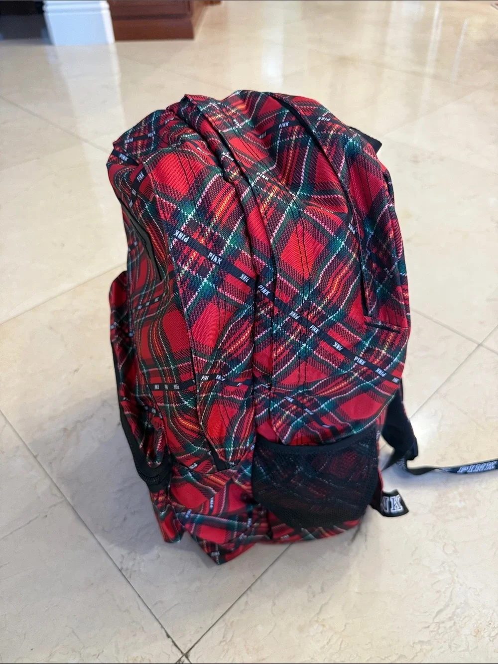 PINK Victoria's Secret Red Tartan Plaid Backpack with Black Trim NEW WITHOUT TAG